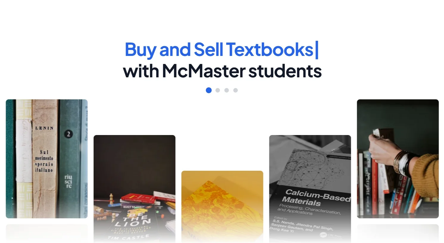 The MacMarketPlace landing page: Buy and Sell Textbooks with McMaster students, over a wall of textbook listings