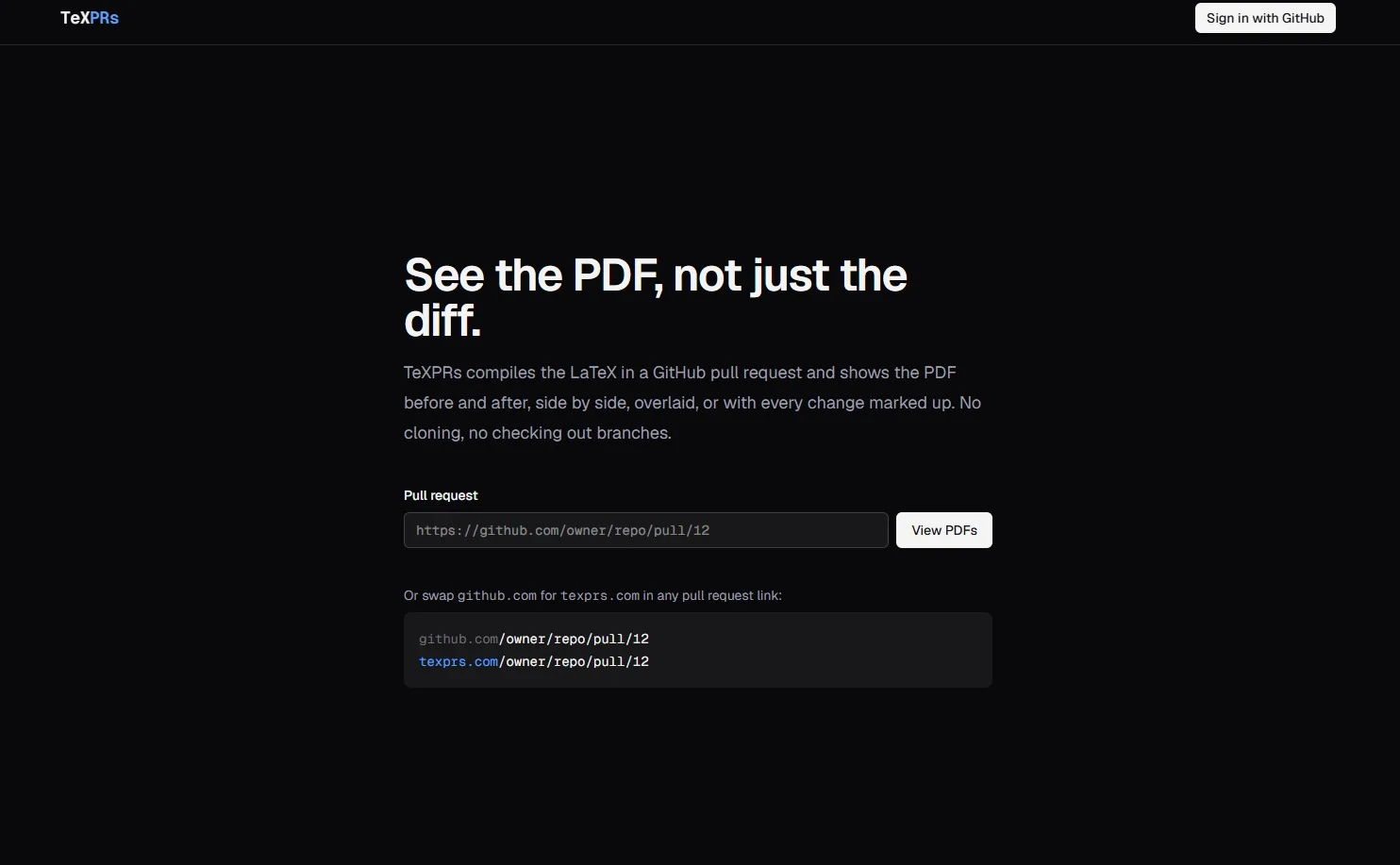The TeXPRs home page: See the PDF, not just the diff, with a box for a pull request link and github.com swapped for texprs.com