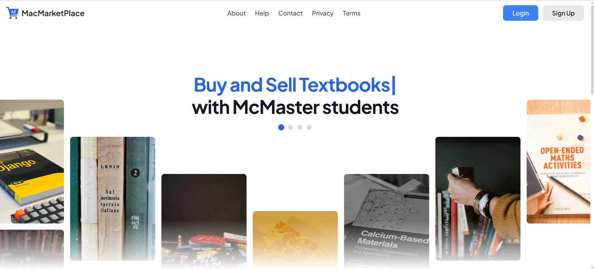 The MacMarketPlace landing page: Buy and Sell Textbooks with McMaster students, over a wall of textbook listings